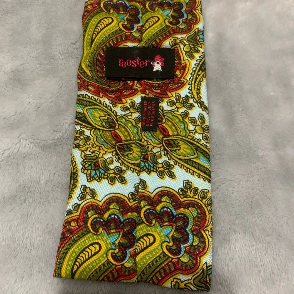 Vtg Rooster‎ John Wanamaker Paisley Neck Tie Green Gold Hand Printed Square End
